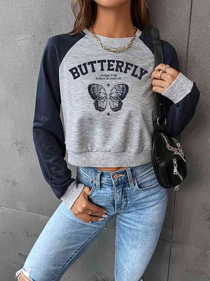 Round Neck Raglan Sleeve Butterfly Graphic Sweatshirt - Guy Christopher