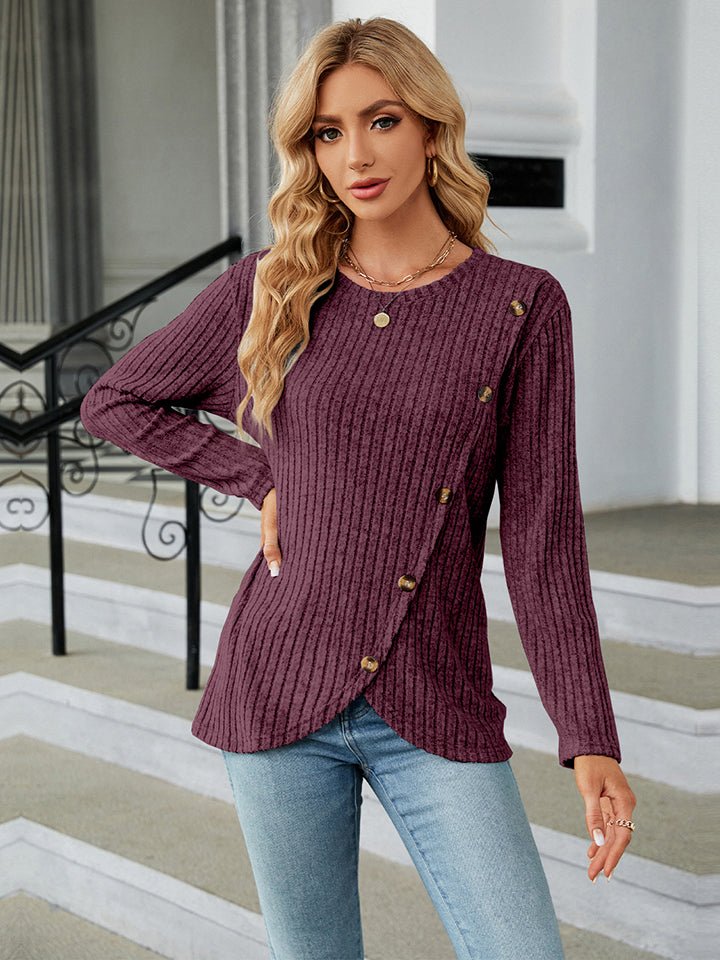 Round Neck Ribbed Button Detail Blouse - Guy Christopher