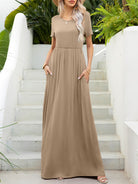 Round Neck Short Sleeve Maxi Dress with Pockets - Guy Christopher