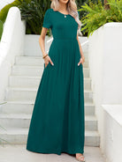 Round Neck Short Sleeve Maxi Dress with Pockets - Guy Christopher