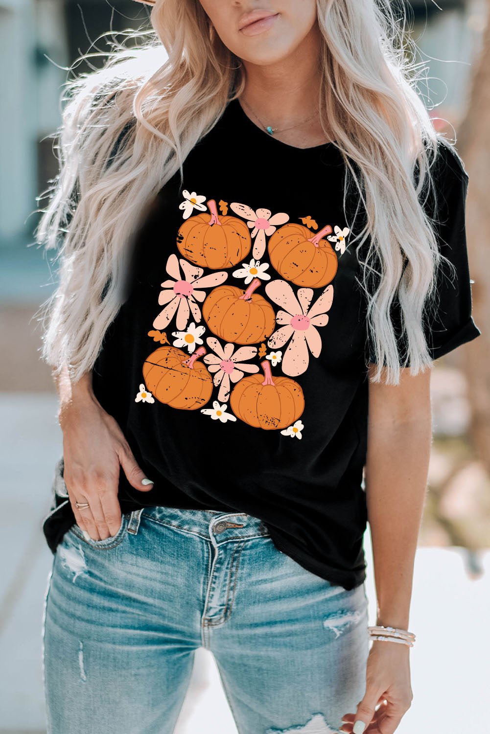 Round Neck Short Sleeve Pumpkin Graphic T-Shirt - Guy Christopher