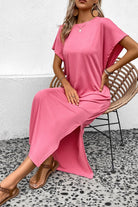 Round Neck Short Sleeve Side Slit Midi Dress - Guy Christopher