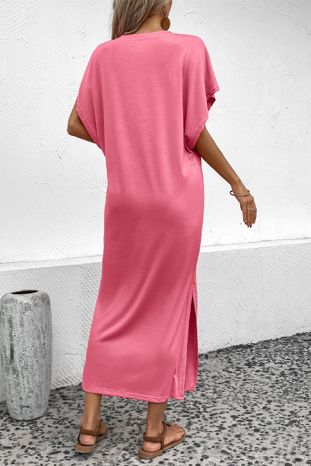 Round Neck Short Sleeve Side Slit Midi Dress - Guy Christopher