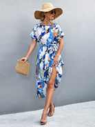 Round Neck Short Sleeve Tie Waist Midi Dress - Guy Christopher