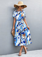 Round Neck Short Sleeve Tie Waist Midi Dress - Guy Christopher