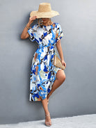 Round Neck Short Sleeve Tie Waist Midi Dress - Guy Christopher