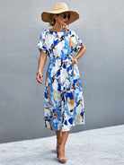 Round Neck Short Sleeve Tie Waist Midi Dress - Guy Christopher