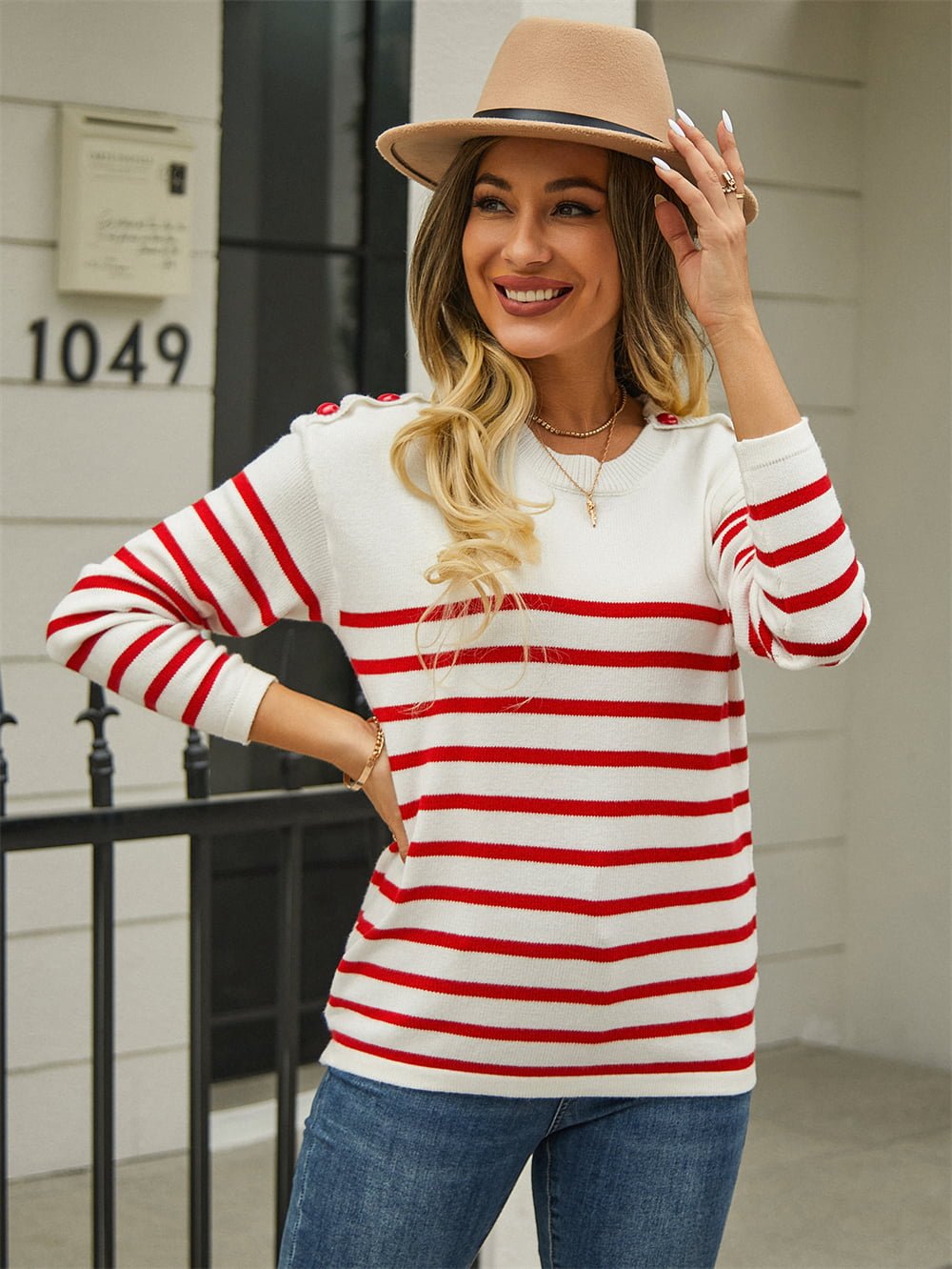 Round Neck Shoulder Button Striped Pullover Sweater - Guy Christopher