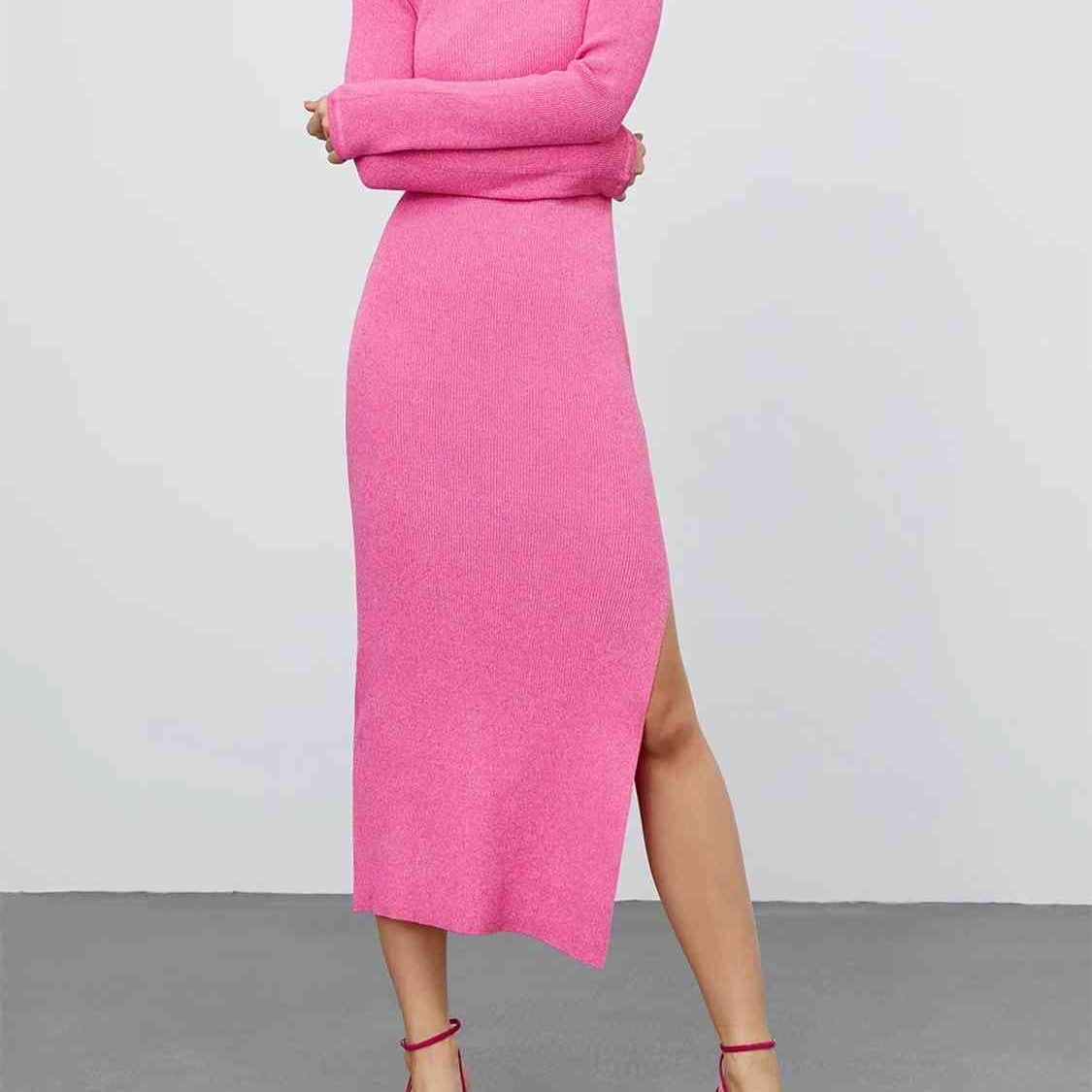 Round Neck Slit Sweater Dress - Guy Christopher