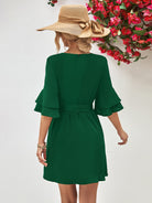 Round Neck Tie Belt Flounce Sleeve Dress - Guy Christopher