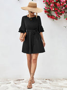 Round Neck Tie Belt Flounce Sleeve Dress - Guy Christopher