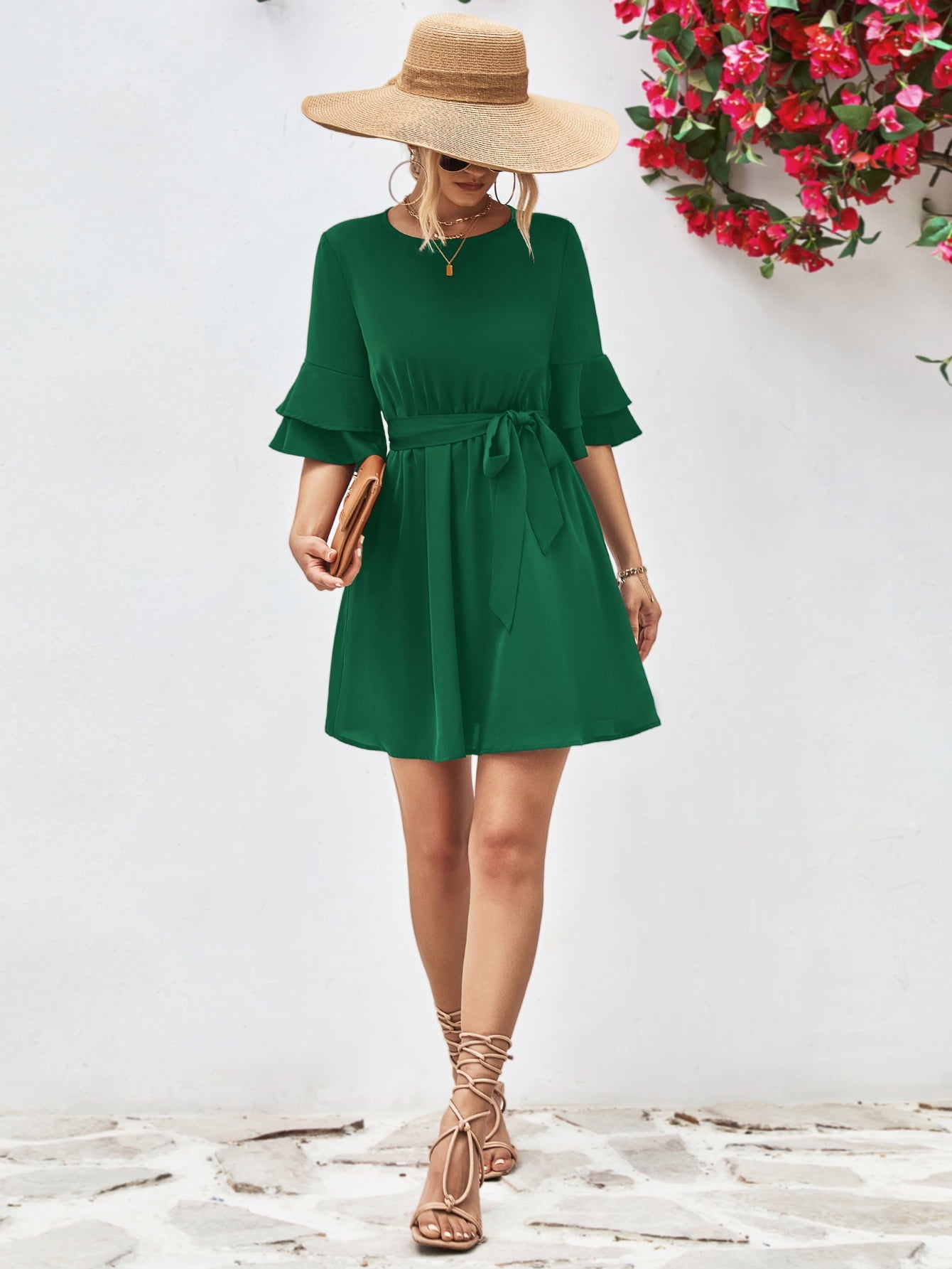 Round Neck Tie Belt Flounce Sleeve Dress - Guy Christopher