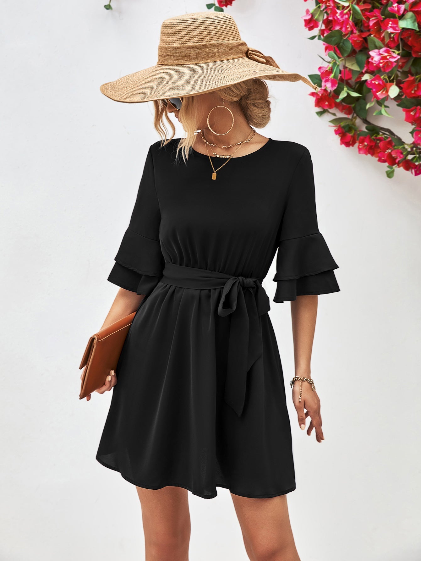 Round Neck Tie Belt Flounce Sleeve Dress - Guy Christopher