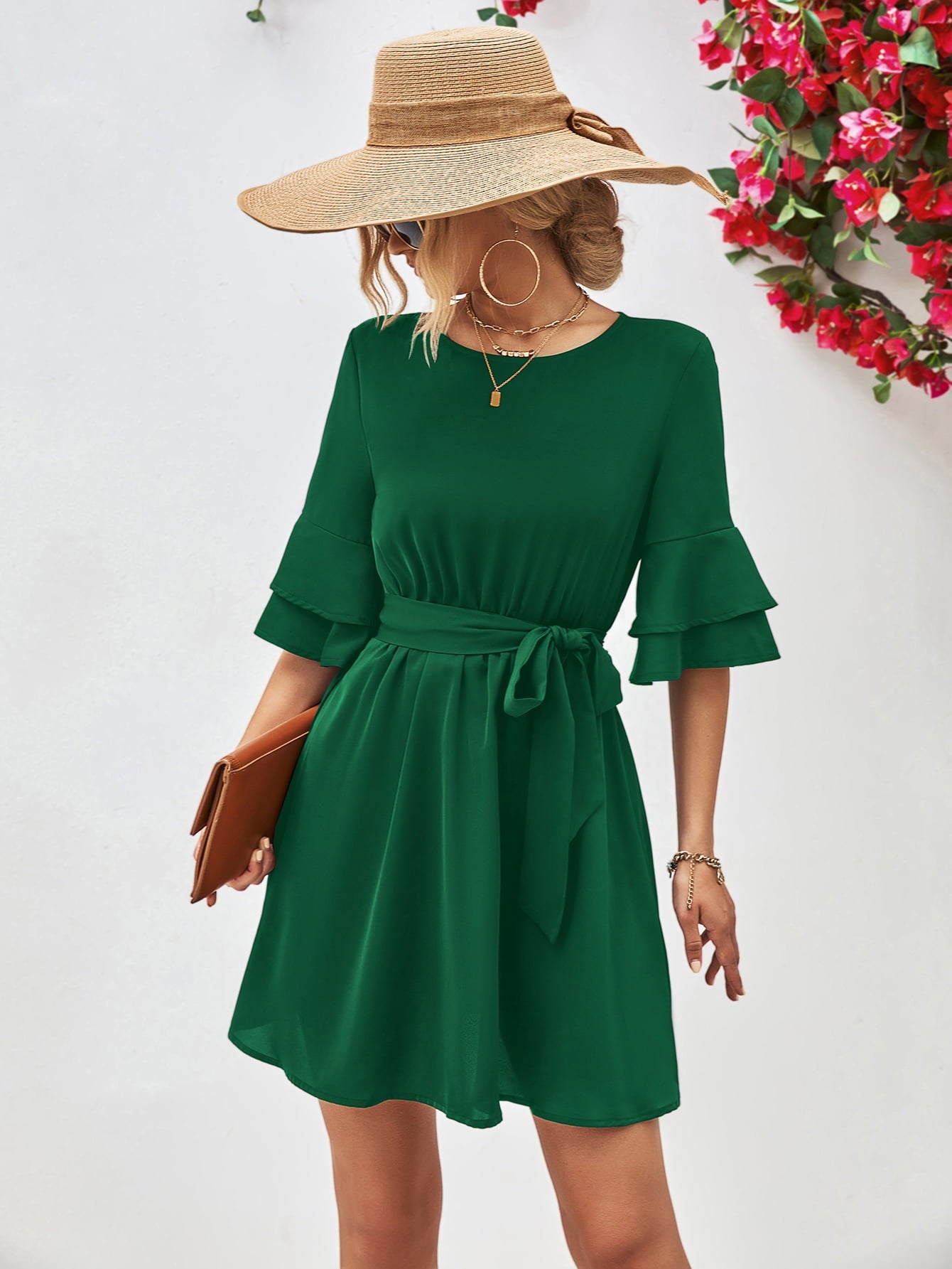 Round Neck Tie Belt Flounce Sleeve Dress - Guy Christopher