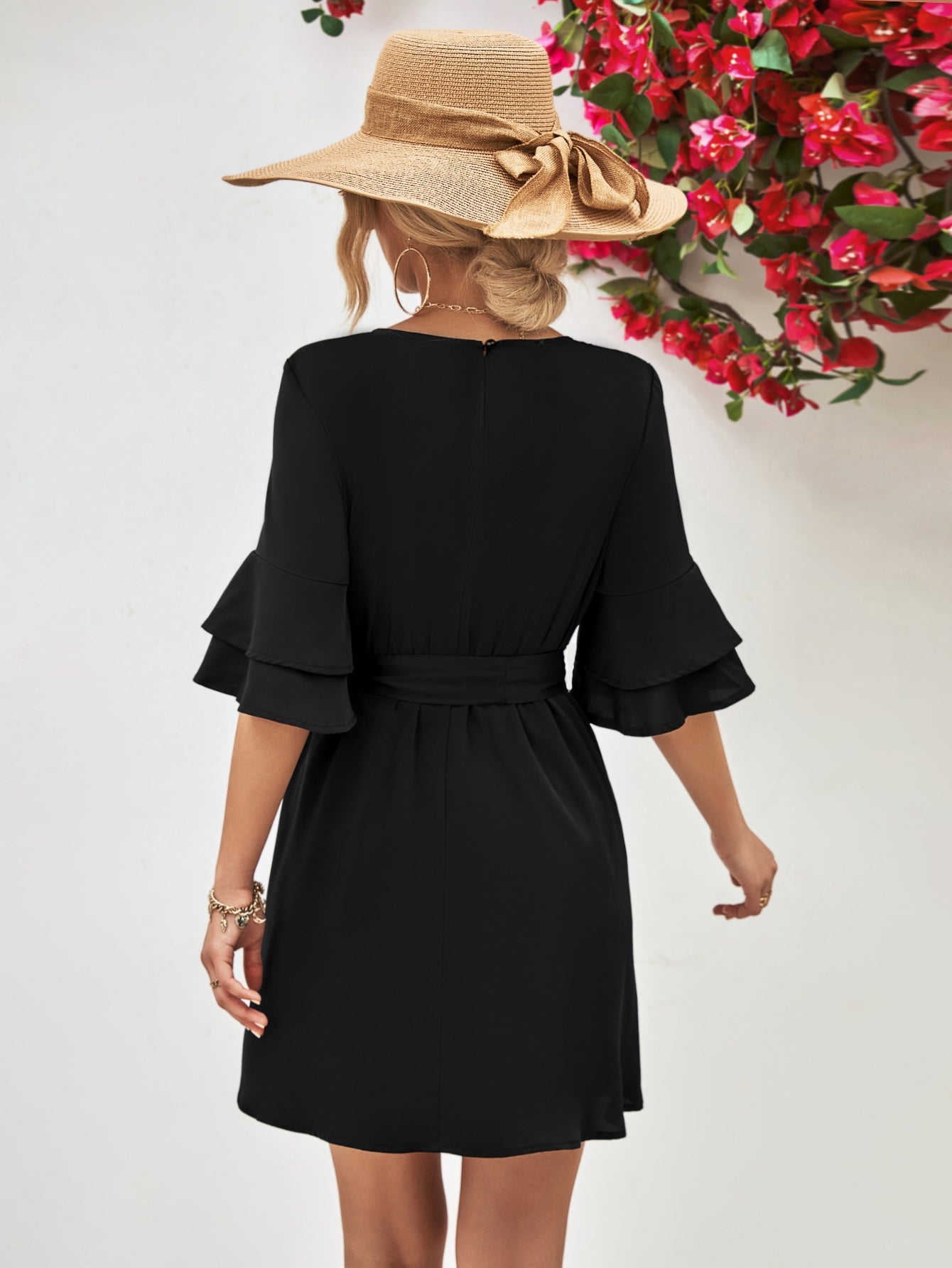 Round Neck Tie Belt Flounce Sleeve Dress - Guy Christopher