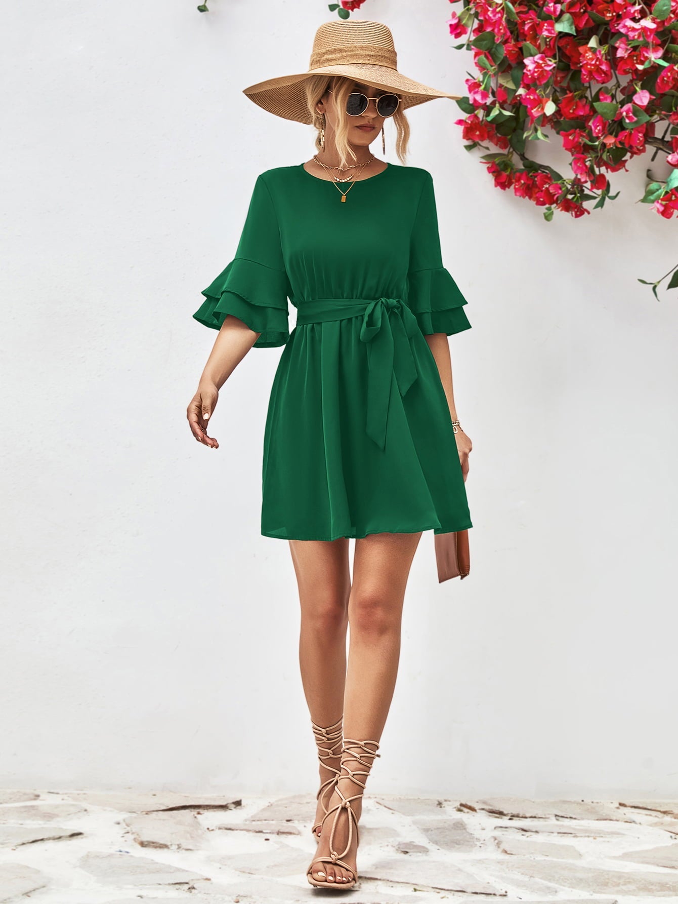 Round Neck Tie Belt Flounce Sleeve Dress - Guy Christopher