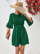 Round Neck Tie Belt Flounce Sleeve Dress - Guy Christopher