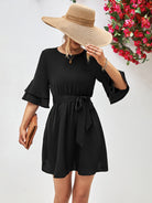 Round Neck Tie Belt Flounce Sleeve Dress - Guy Christopher