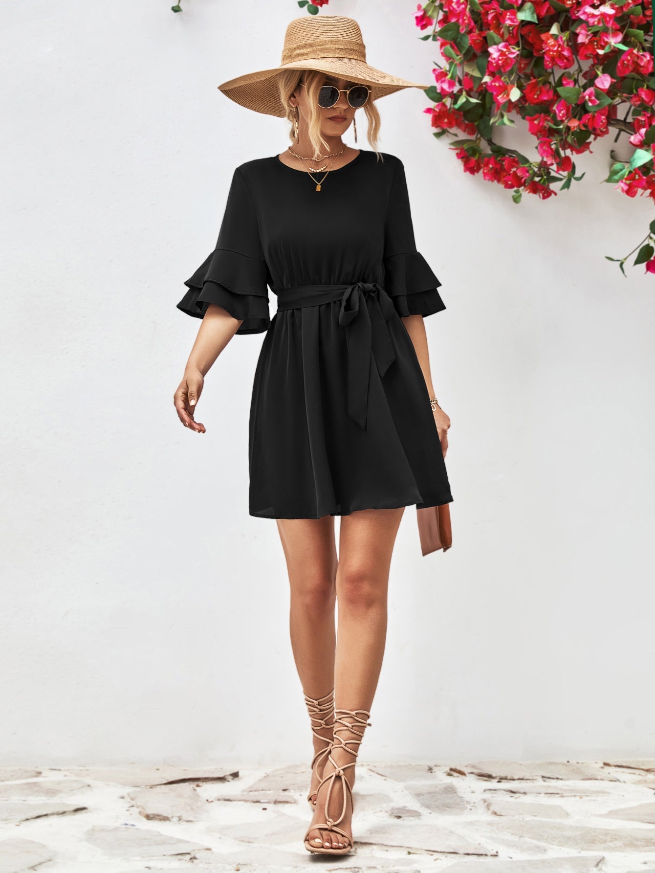 Round Neck Tie Belt Flounce Sleeve Dress - Guy Christopher