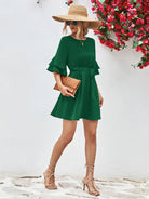 Round Neck Tie Belt Flounce Sleeve Dress - Guy Christopher