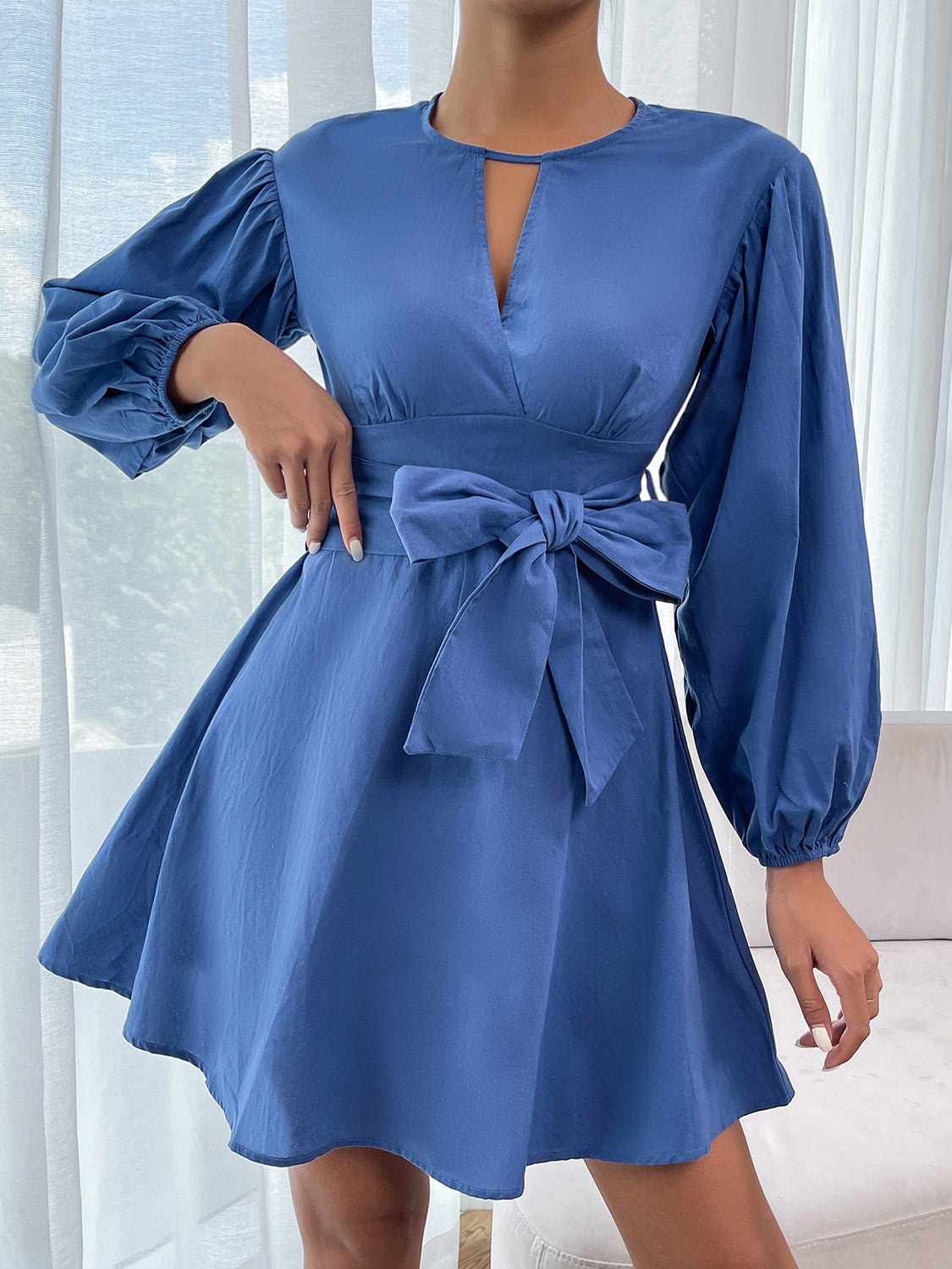 Round Neck Tie Waist Long Sleeve Mini Dress - Guy Christopher