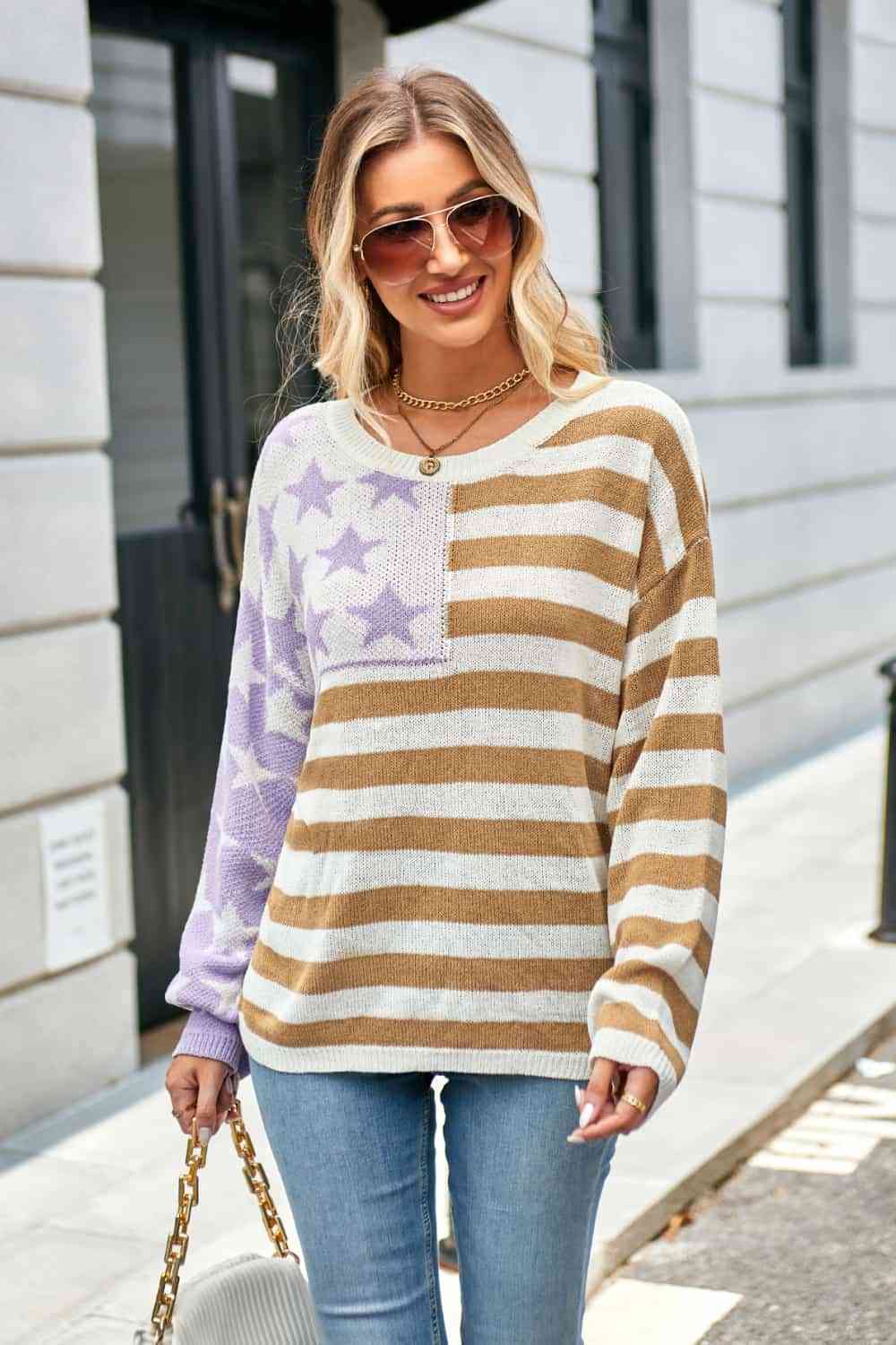 Round Neck US Flag Dropped Shoulder Sweater - Guy Christopher