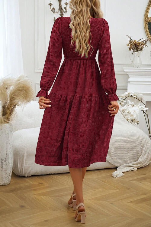 Round Neck Velvet Smocked Flounce Sleeve Dress - Guy Christopher