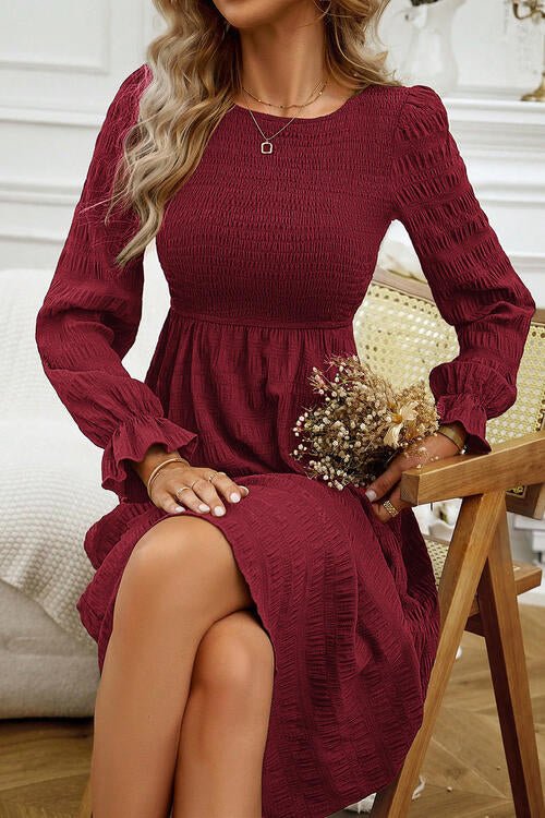 Round Neck Velvet Smocked Flounce Sleeve Dress - Guy Christopher