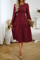 Round Neck Velvet Smocked Flounce Sleeve Dress - Guy Christopher