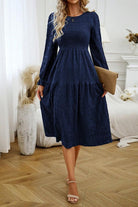 Round Neck Velvet Smocked Flounce Sleeve Dress - Guy Christopher