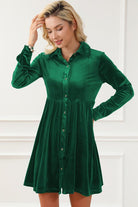 Ruched Button Up Collared Neck Long Sleeve Shirt Dress - Guy Christopher