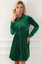 Ruched Button Up Collared Neck Long Sleeve Shirt Dress - Guy Christopher