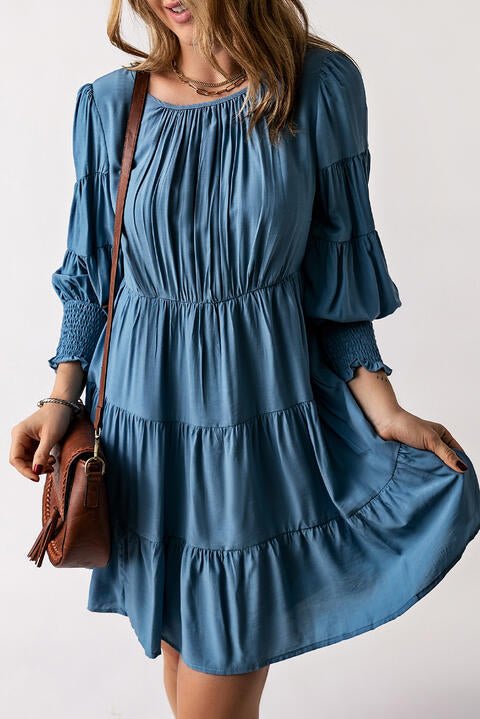 Ruched Round Neck Lantern Sleeve Dress - Guy Christopher