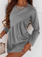 Ruched Round Neck Long Sleeve Dress - Guy Christopher