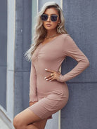 Ruched V-Neck Long Sleeve Wrap Dress - Guy Christopher