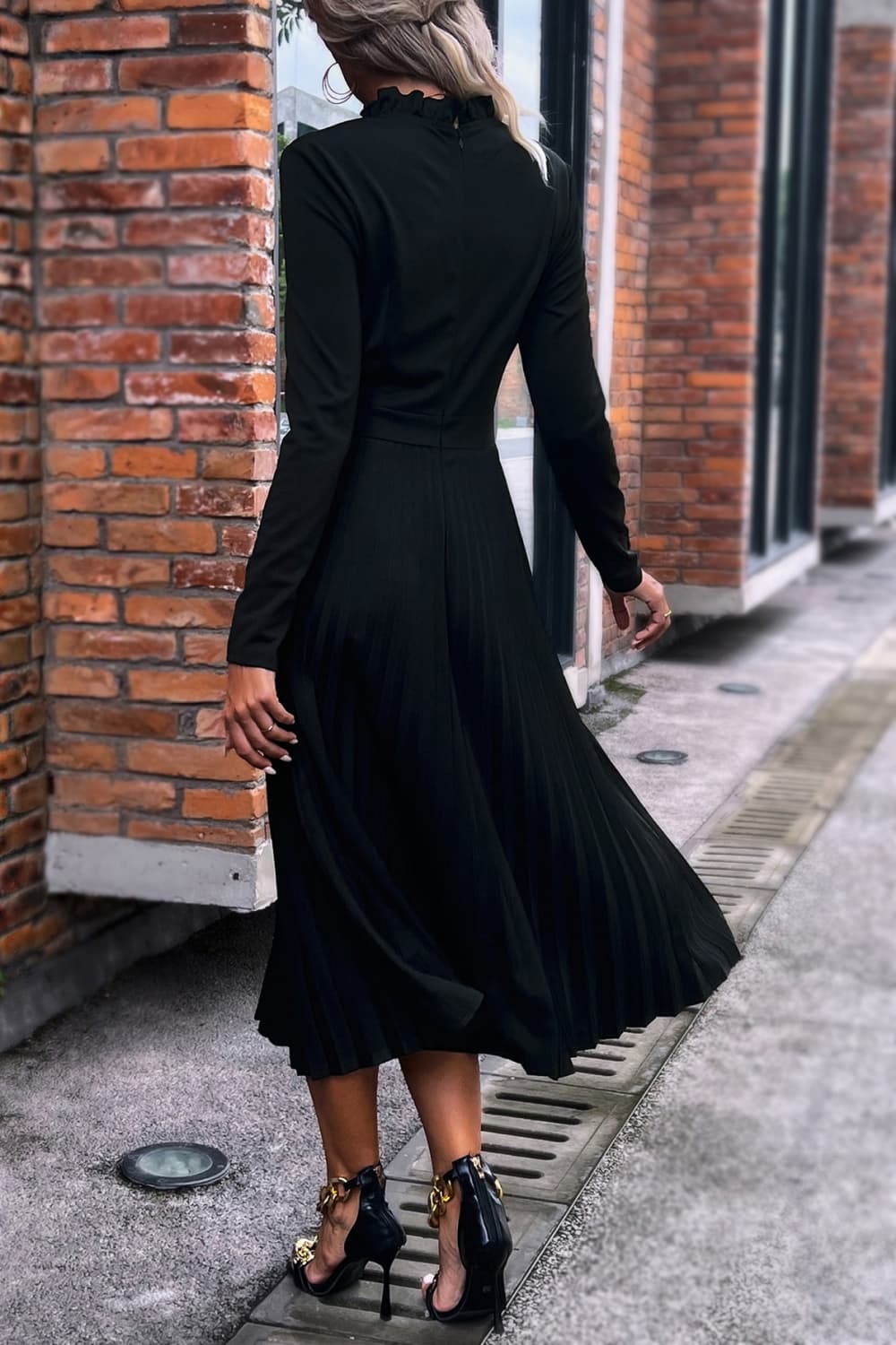 Ruffle Collar Pleated Long Sleeve Dress - Guy Christopher