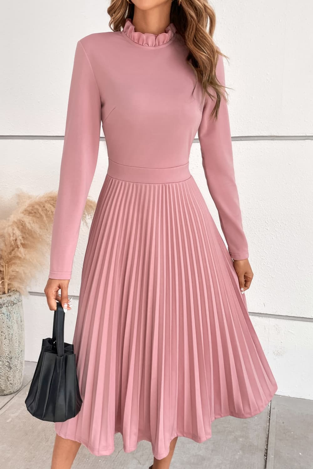 Ruffle Collar Pleated Long Sleeve Dress - Guy Christopher