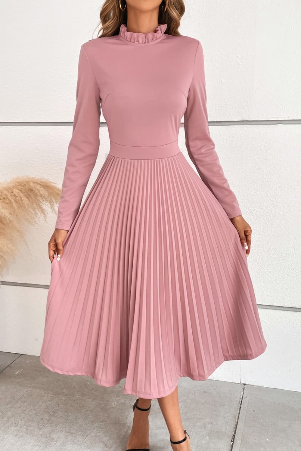 Ruffle Collar Pleated Long Sleeve Dress - Guy Christopher