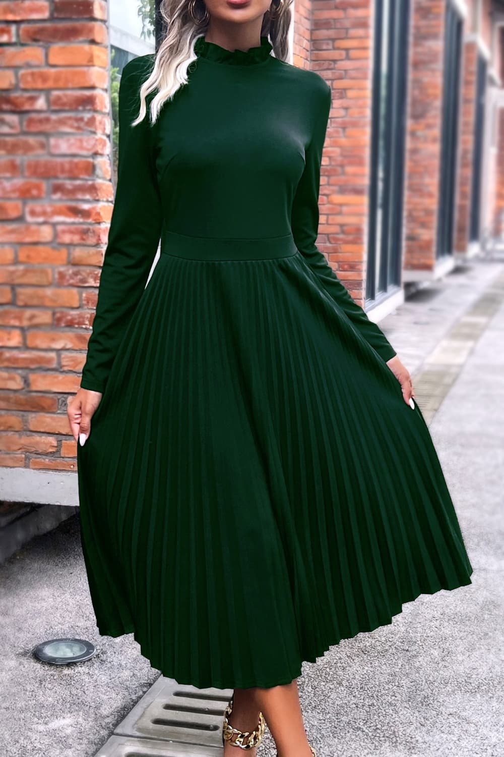 Ruffle Collar Pleated Long Sleeve Dress - Guy Christopher