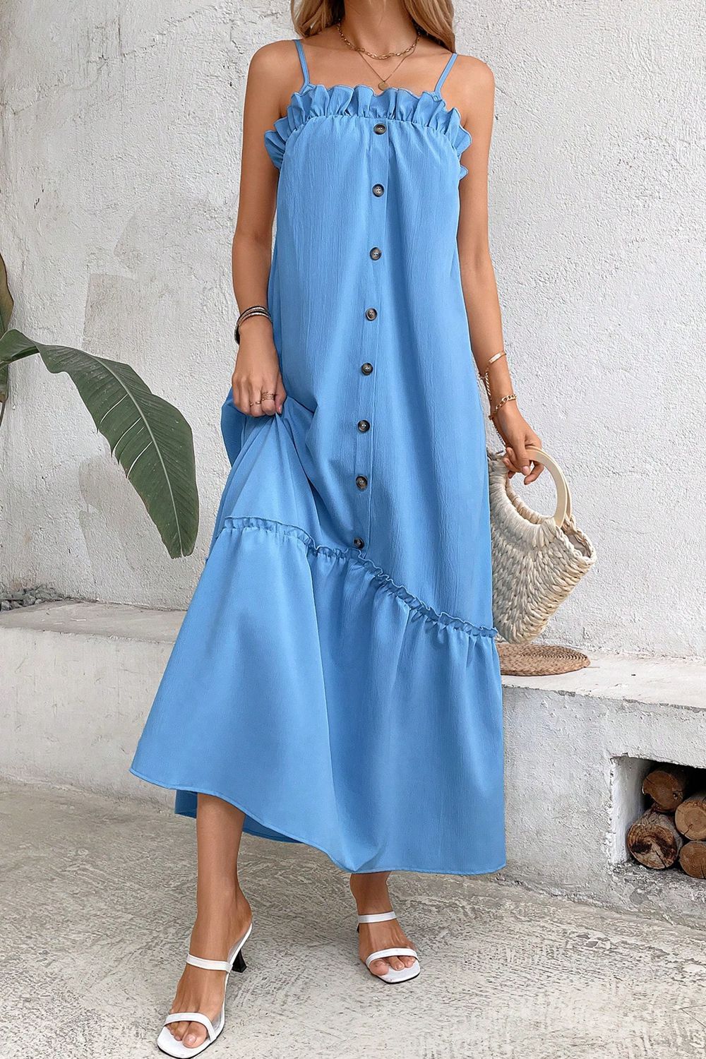 Ruffle Trim Buttoned Sleeveless Maxi Dress - Guy Christopher