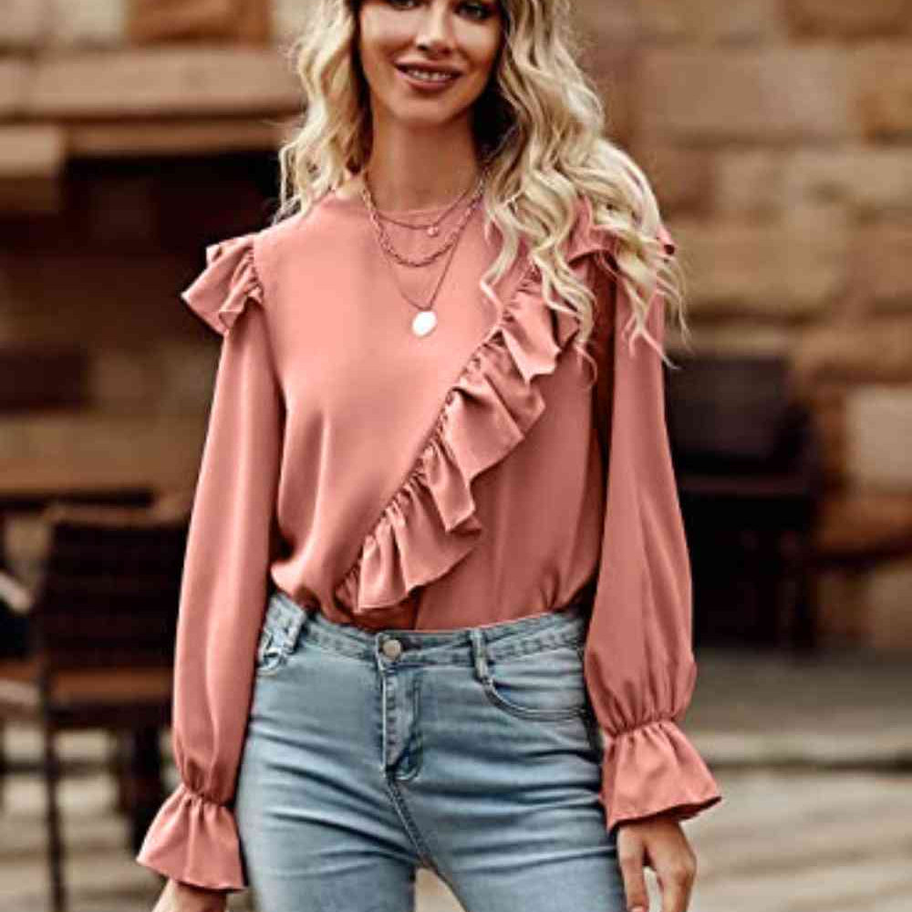 Ruffled Round Neck Long Sleeve Top - Guy Christopher