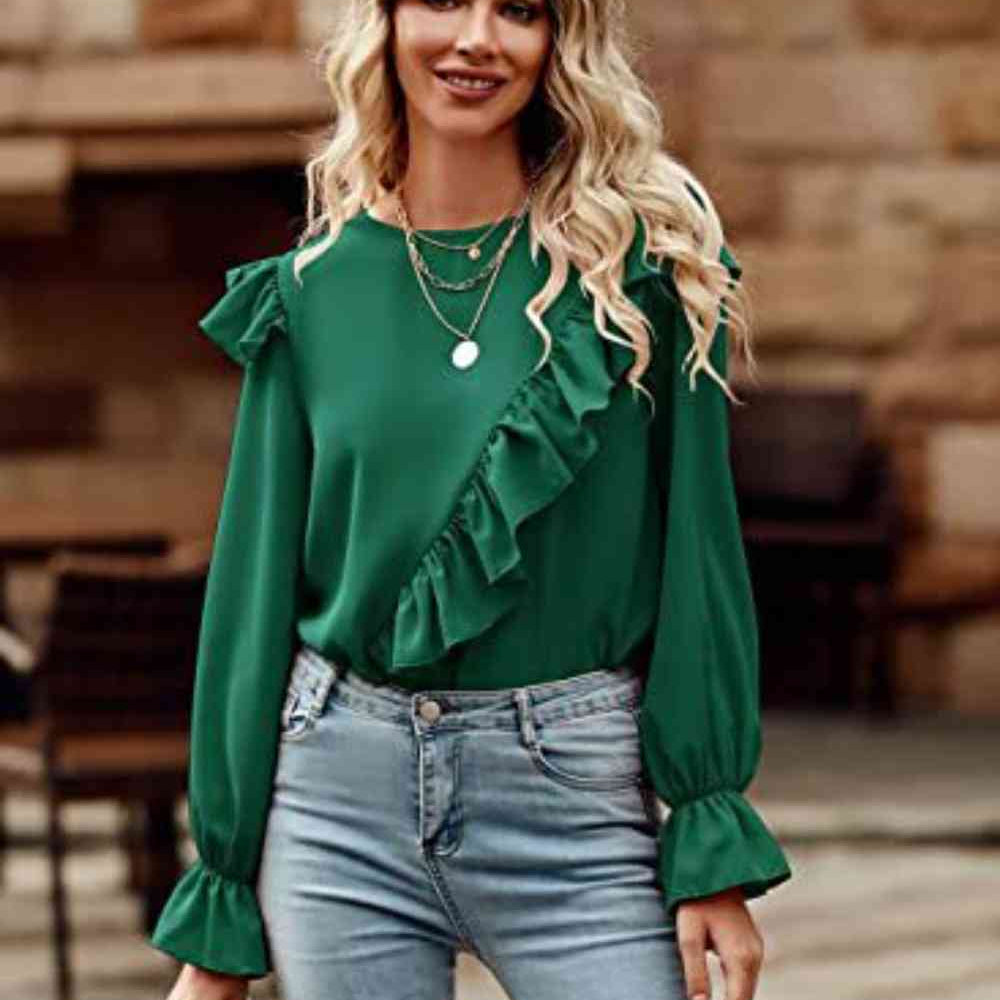 Ruffled Round Neck Long Sleeve Top - Guy Christopher