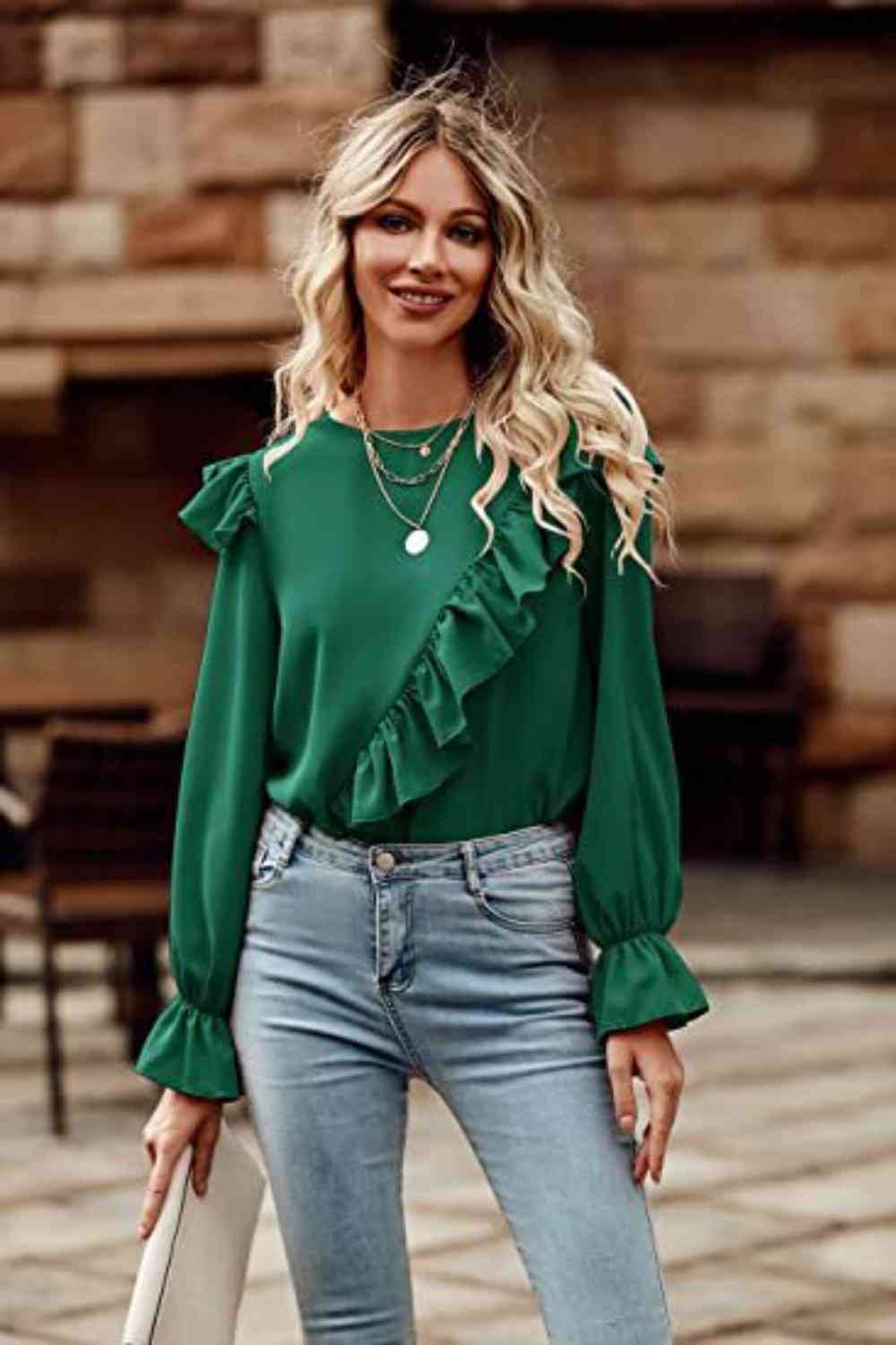 Ruffled Round Neck Long Sleeve Top - Guy Christopher