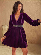 Ruffled V-Neck Long Sleeve Dress - Guy Christopher