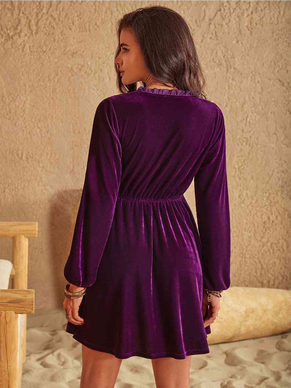 Ruffled V-Neck Long Sleeve Dress - Guy Christopher