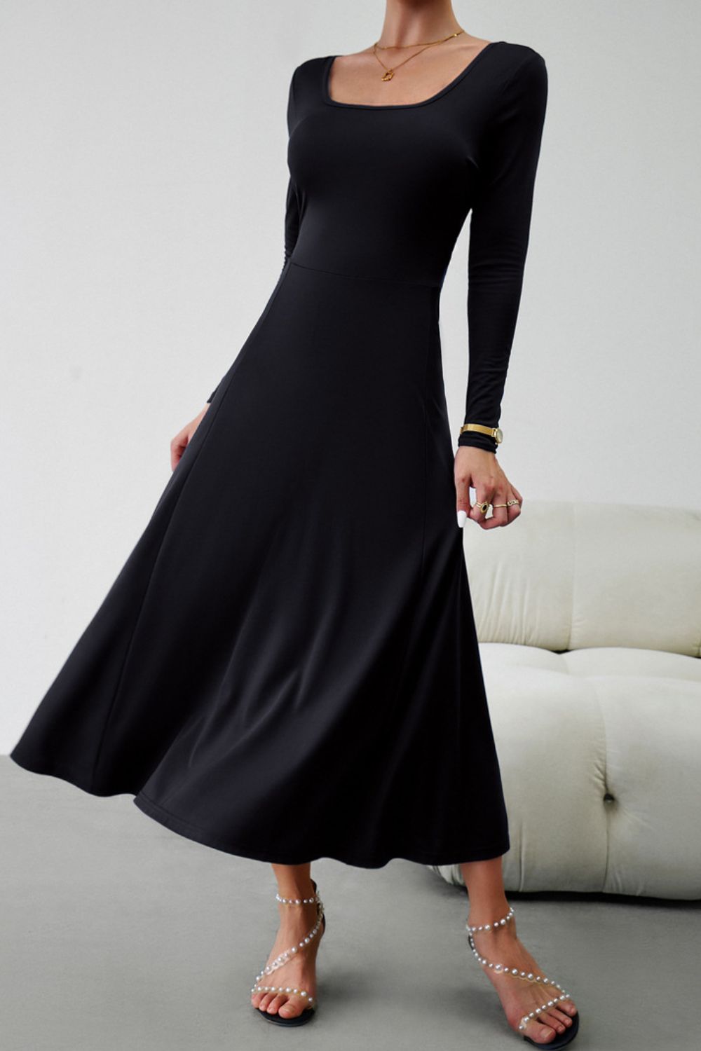 Scoop Neck Long Sleeve Lace-Up Maxi Dress - Guy Christopher