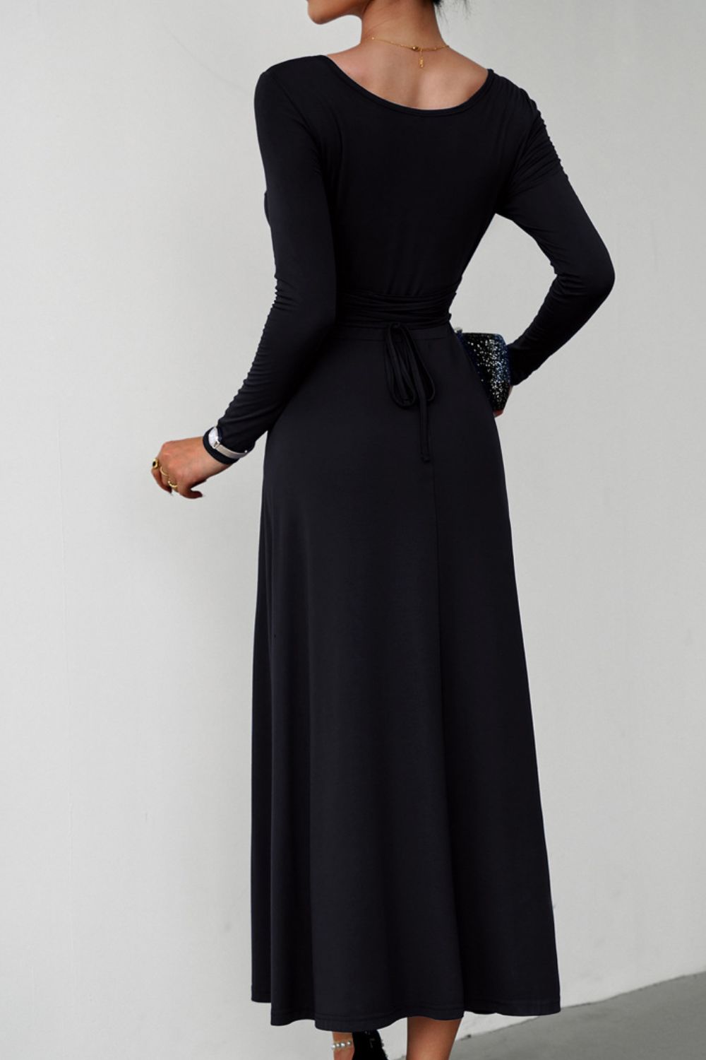 Scoop Neck Long Sleeve Lace-Up Maxi Dress - Guy Christopher