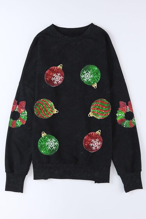 Sequin Christmas Element Round Neck Slit Sweatshirt - Guy Christopher