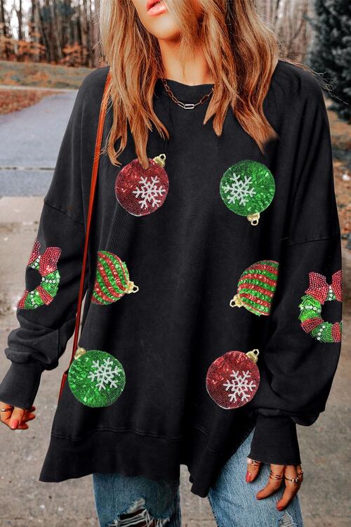 Sequin Christmas Element Round Neck Slit Sweatshirt - Guy Christopher