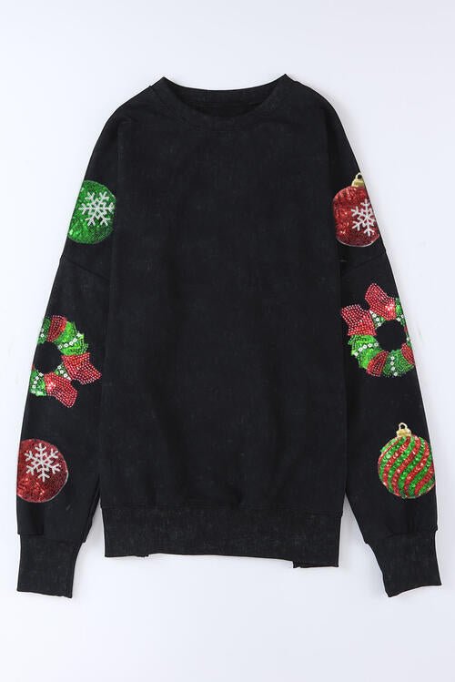 Sequin Christmas Element Round Neck Slit Sweatshirt - Guy Christopher